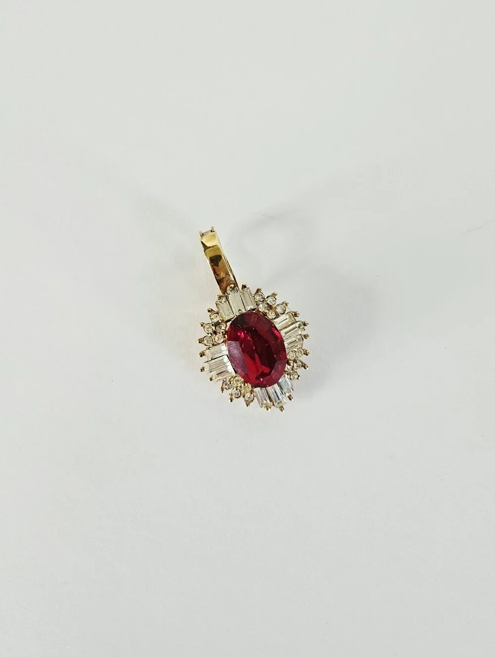Vintage Red Rhinestone Baguette Cluster Ballerina Gold Tone Enhancer Pendant